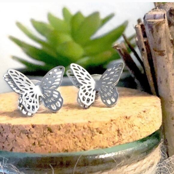 Women's Layered Double Butterfly Stud Earrings in Silver Tone - Picture 6 of 10